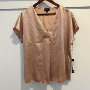 Nicole Miller Satin Blouse Womens Large Cappuccino Gold V-Neck USA Made New READ
